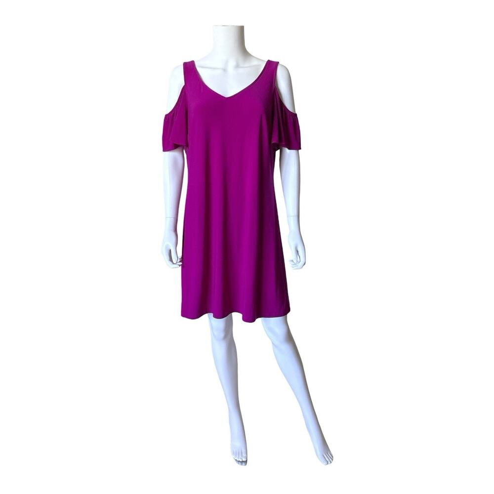 Kate & Mallory Shift Dress Womens L Fuchsia Cold Shoulder Ruffle Sleeve V Neck